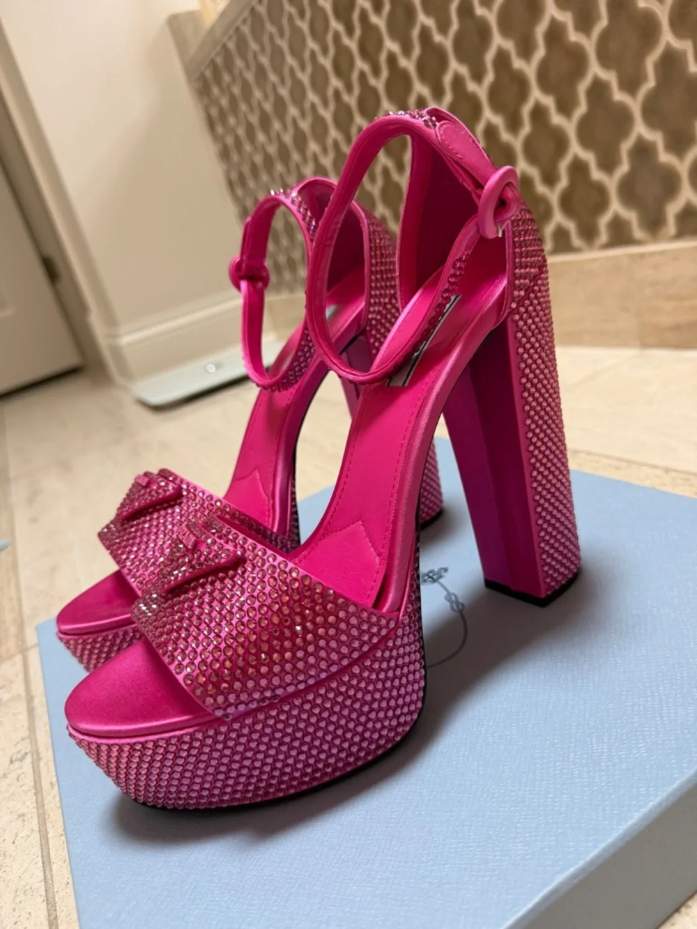 NWT!! PRADA Hot Pink Crystal-Embellished 135mm Platform Sandals